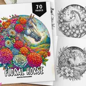 70 Floral Horse Coloring Book, Grayscale Coloring, Coloring Sheets, Horse Coloring Book, Flowers Coloring Pages, Stress Relief Coloring