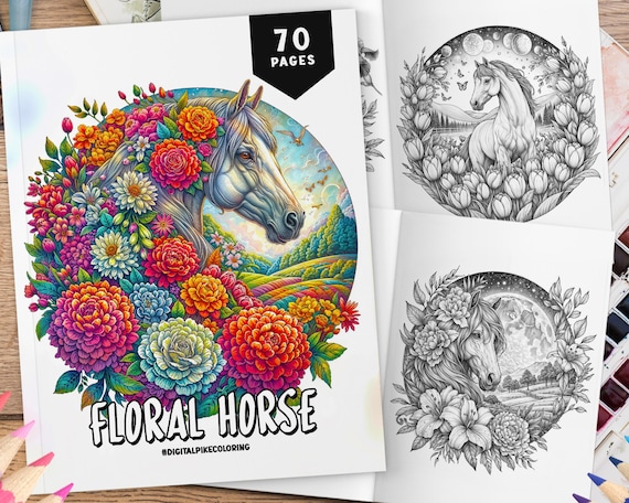 70 Floral Horse Coloring Book, Grayscale Coloring, Coloring Sheets, Horse Coloring Book, Flowers Coloring Pages, Stress Relief Coloring