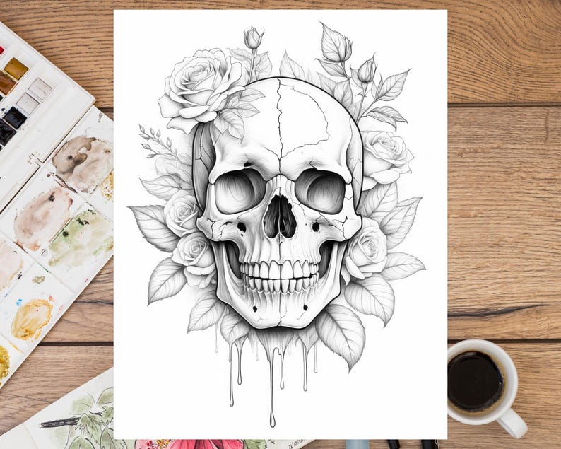35 Blooming Skull Coloring Book, Flowers Coloring Pages, Horror