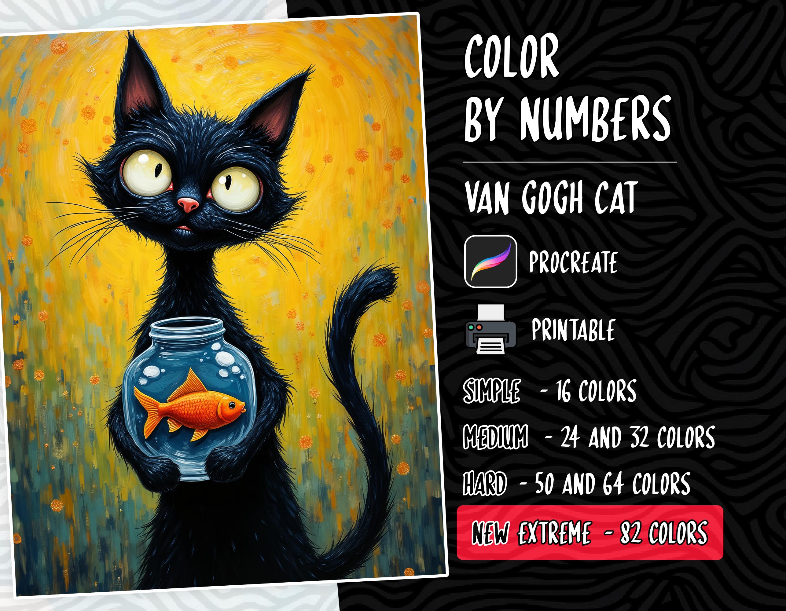 Libro de colorear digital por números para Procreate y para imprimir — Diseños de Van Gogh, fantasía y gatos