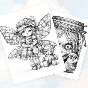 May include: A black and white illustration of a girl with wings made of patchwork fabric. She is wearing a dress and a hat, and holding a teddy bear. The girl is surrounded by a floral design.