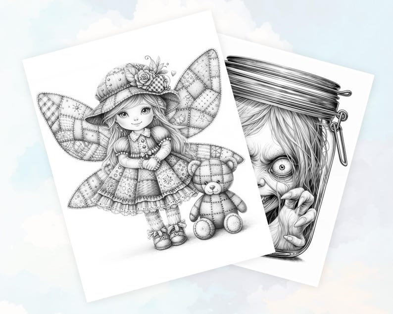 May include: A black and white illustration of a girl with wings made of patchwork fabric. She is wearing a dress and a hat, and holding a teddy bear. The girl is surrounded by a floral design.