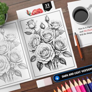 K&ouml;nnte beinhalten: Ein Malbuch mit 33 Seiten, das eine detaillierte Bleistiftzeichnung eines Rosenstrau&szlig;es zeigt. Der Text "This Is A Digital Product, And NO Physical Item Will Be Shipped To You." ist auf der Seite gedruckt. Das Buch tr&auml;gt den Titel "DARK AND LIGHT VERSIONS" und hat ein Download-Pfeilsymbol.