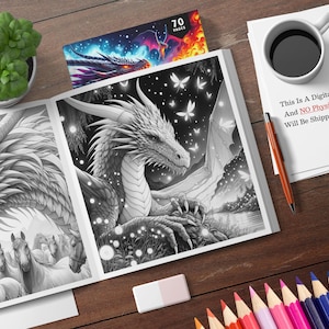 May include: A coloring book with a dragon and butterflies on the cover. The book is open to a page with a dragon and a forest scene. The text on the cover reads "70 Pages".