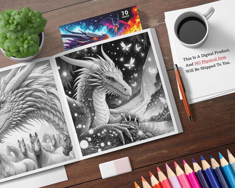 May include: A coloring book with a dragon and butterflies on the cover. The book is open to a page with a dragon and a forest scene. The text on the cover reads "70 Pages".