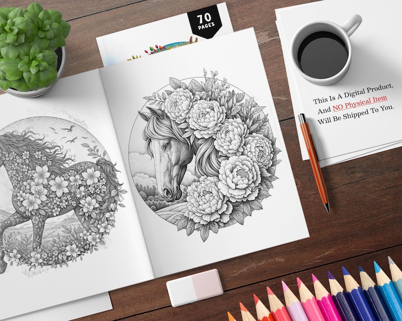 May include: A black and white coloring book with two pages showing detailed illustrations of horses surrounded by flowers. The text "70 PAGES" is visible on the cover.