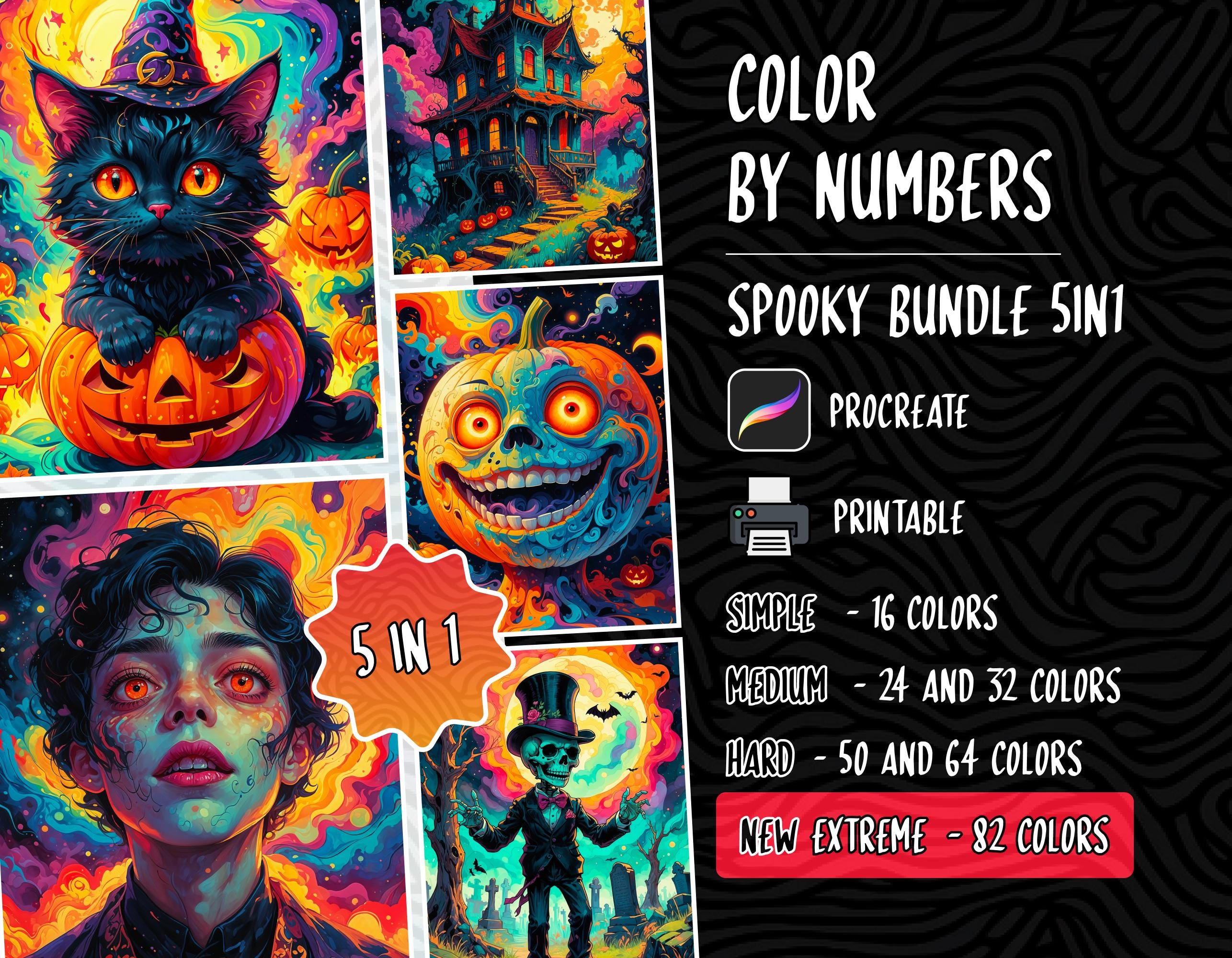 Páginas de Colorear Digital por Números para Adultos y Niños – PDF, PNG, SVG Imprimibles + Libro de Halloween Paint by Number para Procreate
