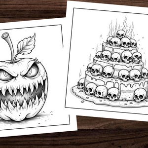 May include: A black and white illustration of a scary apple with a toothy grin and a stem with leaves. The apple is drawn in a cartoon style.