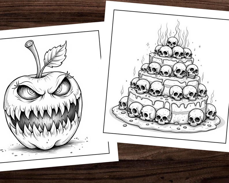 May include: A black and white illustration of a scary apple with a toothy grin and a stem with leaves. The apple is drawn in a cartoon style.