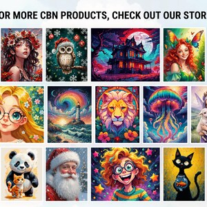May include: A selection of vibrant art prints showcasing diverse subjects. The prints include a cat with sunglasses, a woman with flowers, an owl in a Santa hat, a haunted house, a fairy, a girl with glasses, a lion, a jellyfish, a girl with a lamb, a panda, Santa Claus, a boy, and a cat with a fishbowl.