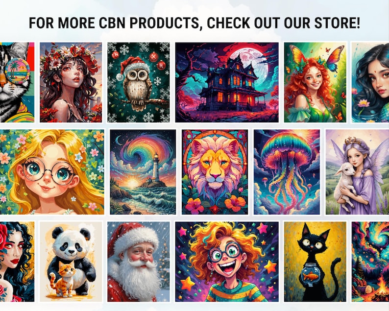 May include: A selection of vibrant art prints showcasing diverse subjects. The prints include a cat with sunglasses, a woman with flowers, an owl in a Santa hat, a haunted house, a fairy, a girl with glasses, a lion, a jellyfish, a girl with a lamb, a panda, Santa Claus, a boy, and a cat with a fishbowl.