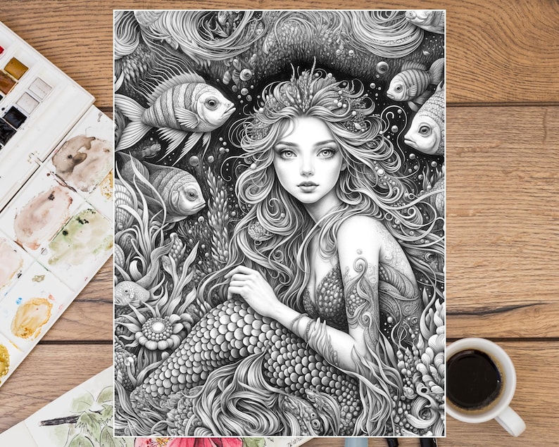 Puede incluir: Ilustraci&oacute;n en blanco y negro de una sirena con largo cabello suelto, una corona y una cola escamosa, rodeada de peces y plantas acu&aacute;ticas. La obra de arte es detallada e intrincada, con un enfoque en el rostro de la sirena y el entorno submarino.