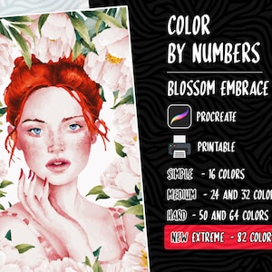 Elegant Woman Coloring, Color by Numbers, Paint by Numbers, Digital Coloring, Procreate Coloring, Beautiful Woman Coloring, Floral Coloring