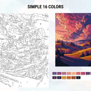 以下が含まれることがあります： 夕焼けの空、なだらかな丘、木々のある風景を描いた、番号で塗る絵の具セット。このセットには16色と番号が振られたキャンバスが含まれています。