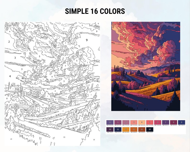 以下が含まれることがあります： 夕焼けの空、なだらかな丘、木々のある風景を描いた、番号で塗る絵の具セット。このセットには16色と番号が振られたキャンバスが含まれています。