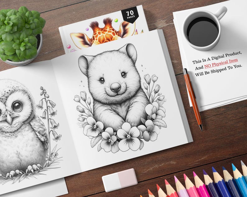 K&ouml;nnte beinhalten: Ein Schwarzwei&szlig;-Malbuch mit einem Pandab&auml;ren, der von Blumen umgeben ist, auf dem Cover. Der Text "70 PAGES" befindet sich oben auf dem Cover.