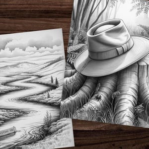 May include: Two black and white landscape art prints. One features a winding river through a valley with the text "Whispering Pines" on a sign. The other shows a hat resting on a tree stump in a forest setting.