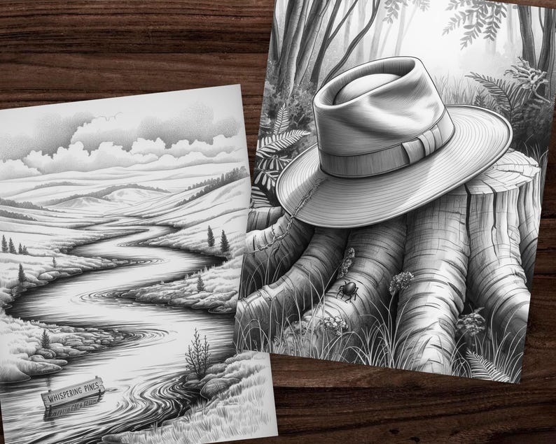 May include: Two black and white landscape art prints. One features a winding river through a valley with the text "Whispering Pines" on a sign. The other shows a hat resting on a tree stump in a forest setting.