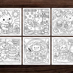 May include: A collection of six black and white coloring pages featuring adorable cartoon dragons in various self-care activities. Scenes include drinking a beverage, taking a bath, making a sandwich, and more. The text "Pillow Power!" and "Self-Care Time" are visible.