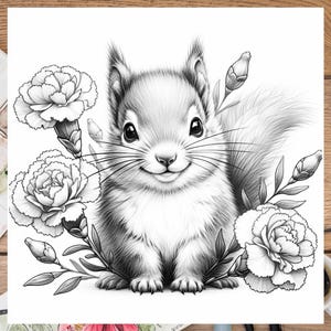 K&ouml;nnte beinhalten: Eine Schwarzwei&szlig;-Bleistiftzeichnung eines niedlichen Eichh&ouml;rnchens, das zwischen rosa Nelken sitzt. Das Eichh&ouml;rnchen hat einen buschigen Schwanz und l&auml;chelt.