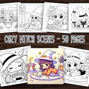 Puede incluir: Un libro para colorear con 50 páginas con ilustraciones de lindas brujas en escenas acogedoras. La portada muestra una bruja con un gato en un ambiente cálido y acogedor.