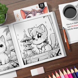 May include: A black and white coloring book featuring illustrations of cute cats. The cover shows a cat with large eyes and a pagoda in the background. The text "25 PAGES" is printed on the cover.