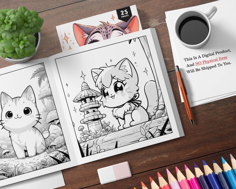 May include: A black and white coloring book featuring illustrations of cute cats. The cover shows a cat with large eyes and a pagoda in the background. The text "25 PAGES" is printed on the cover.