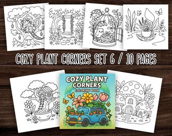 Cozy Plant Corners Set 6 / 10 pages / Simple and Bold Coloring Pages – Relaxing Printable PDF Book for Easy Instant Download Coloring