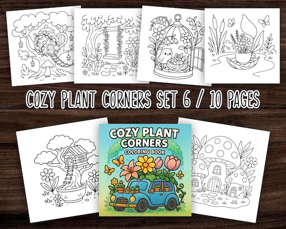 Cozy Plant Corners Set 6 / 10 pages / Simple and Bold Coloring Pages – Relaxing Printable PDF Book for Easy Instant Download Coloring