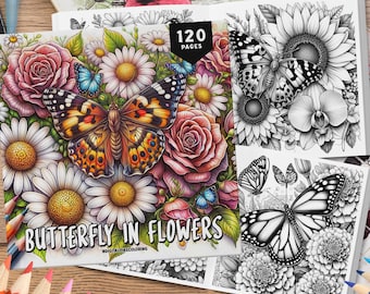 120 Butterfly in Flowers Coloring Book, Grayscale Coloring Book, Coloring Sheets, Flowers Coloring Book, Butterfly Coloring Pages