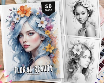 50 schöne Frauen mit Blumen Malseiten, Aquarell Stil Färbung, Florale Schönheit Färbung, Malvorlage, Graustufen für Erwachsene