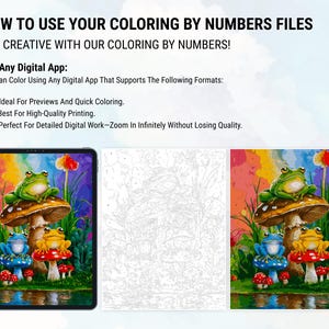 May include: A digital coloring page featuring three frogs sitting on mushrooms. The frogs are green, blue, and yellow. The mushrooms are red and white. The background is a colorful rainbow.