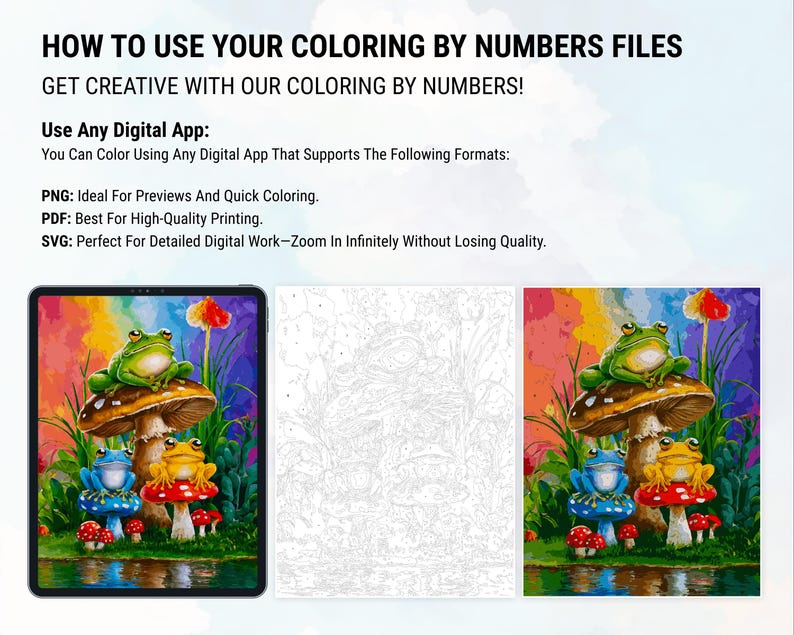 May include: A digital coloring page featuring three frogs sitting on mushrooms. The frogs are green, blue, and yellow. The mushrooms are red and white. The background is a colorful rainbow.