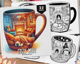 32 Cozy Mug Coloring Book, Coloring Sheets, Printable Coloring Book, Coloring for Adults and Kids, Cozy Scene Coloring, Instant Download
