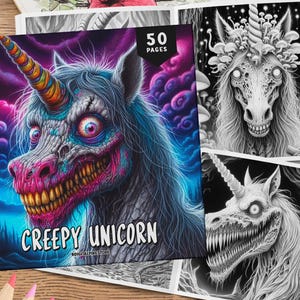Könnte beinhalten: Ein Malbuch mit einem gruseligen Einhorn auf dem Cover. Das Einhorn hat eine rosa und violette Mähne und ein Regenbogenhorn. Das Buch hat 50 Seiten und trägt den Titel "Creepy Unicorn".