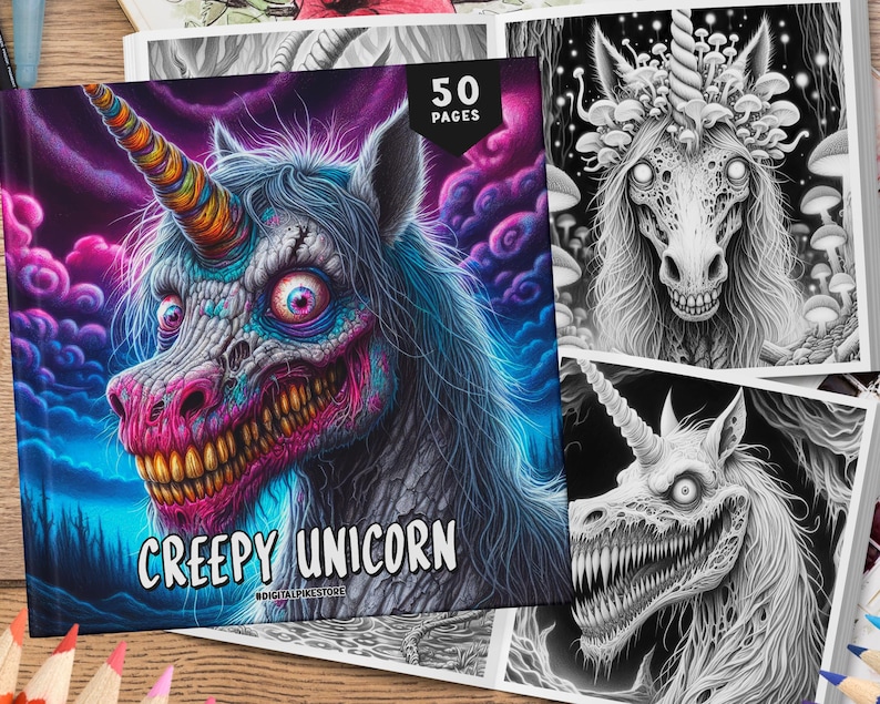 50 Creepy Unicorn Coloring Book, Unicorn Coloring Pages, Coloring Sheets, Creepy Coloring Pages, Horror Vibes Coloring, Monster Coloring