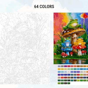 May include: A paint by numbers kit featuring three frogs sitting on mushrooms. The frogs are green, blue, and yellow. The mushrooms are red and brown. The background is a rainbow.