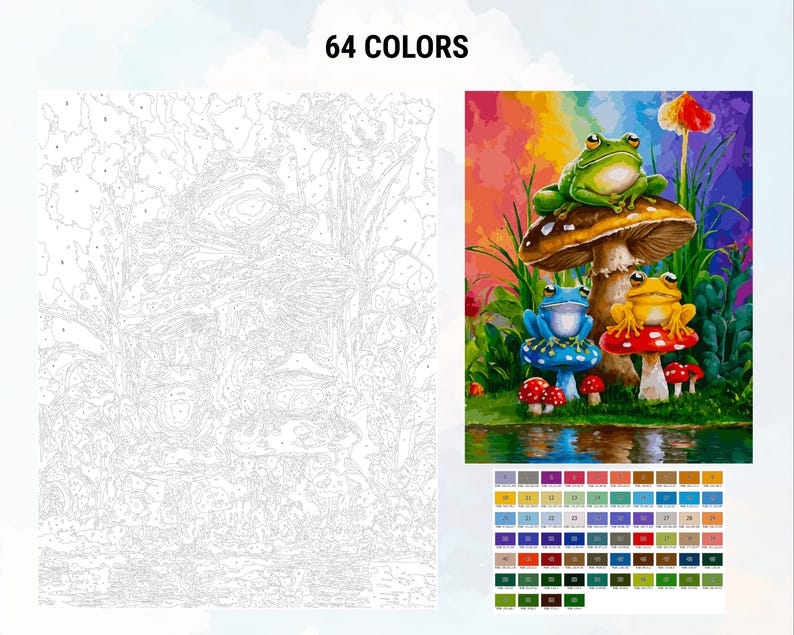 May include: A paint by numbers kit featuring three frogs sitting on mushrooms. The frogs are green, blue, and yellow. The mushrooms are red and brown. The background is a rainbow.