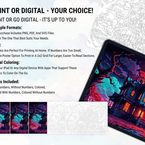 K&ouml;nnte beinhalten: Digitales Malprodukt mit einer gruseligen Illustration eines Spukhauses. Das Bild zeigt ein Tablet, das das Kunstwerk anzeigt, zusammen mit Druckoptionen. Der Text auf dem Bild lautet "Print or Digital - Your Choice!" und beschreibt mehrere Formate und enthaltene Seiten.