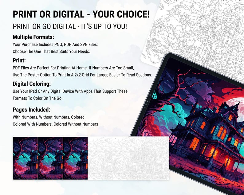 K&ouml;nnte beinhalten: Digitales Malprodukt mit einer gruseligen Illustration eines Spukhauses. Das Bild zeigt ein Tablet, das das Kunstwerk anzeigt, zusammen mit Druckoptionen. Der Text auf dem Bild lautet "Print or Digital - Your Choice!" und beschreibt mehrere Formate und enthaltene Seiten.