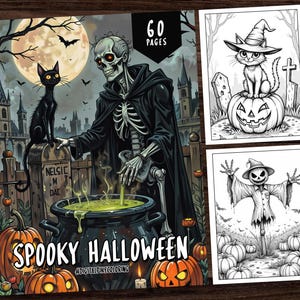 Może przedstawiać: Książka do kolorowania na Halloween z 60 stronami. Okładka przedstawia szkielet w czarnej szacie mieszający kocioł, czarnego kota i scenę cmentarza. Tekst na okładce brzmi "Spooky Halloween #DigitalPineColoring".
