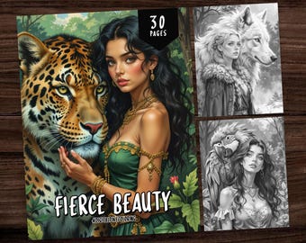 30 Fierce Beauty Coloring Book, Grayscale Coloring Book, Beauty Portraits Coloring Book, Animal Coloring Pages, Women Coloring Book