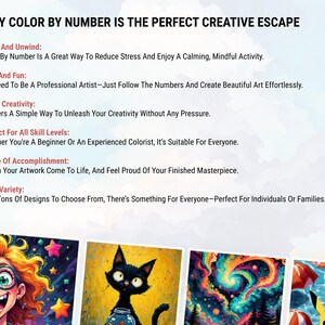 May include: Image promoting colour-by-number kits. Text reads "WHY COLOUR BY NUMBER IS THE PERFECT CREATIVE ESCAPE." Benefits include stress reduction, creativity boost, and suitability for all skill levels. Examples of colourful artwork are shown.