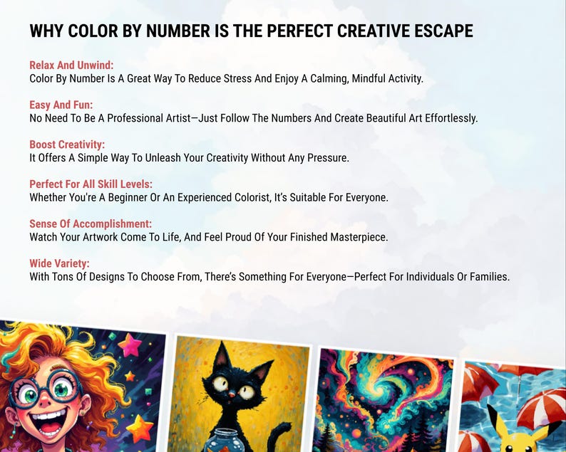 May include: Image promoting colour-by-number kits. Text reads "WHY COLOUR BY NUMBER IS THE PERFECT CREATIVE ESCAPE." Benefits include stress reduction, creativity boost, and suitability for all skill levels. Examples of colourful artwork are shown.