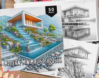 50 Modern Minimalist House Coloring Book, Coloring Sheets, House Coloring, Grayscale Coloring, Modern House Coloring, Relaxation Coloring