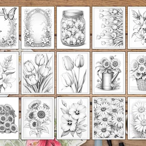 May include: A collection of 12 black and white printable coloring pages featuring various floral designs. The designs include lilies, tulips, sunflowers, and daisies.