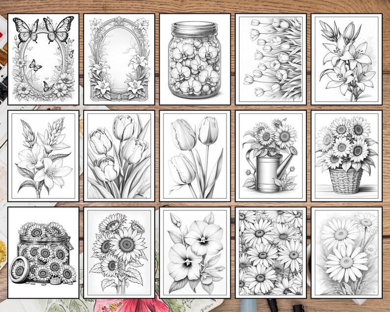 May include: A collection of 12 black and white printable coloring pages featuring various floral designs. The designs include lilies, tulips, sunflowers, and daisies.