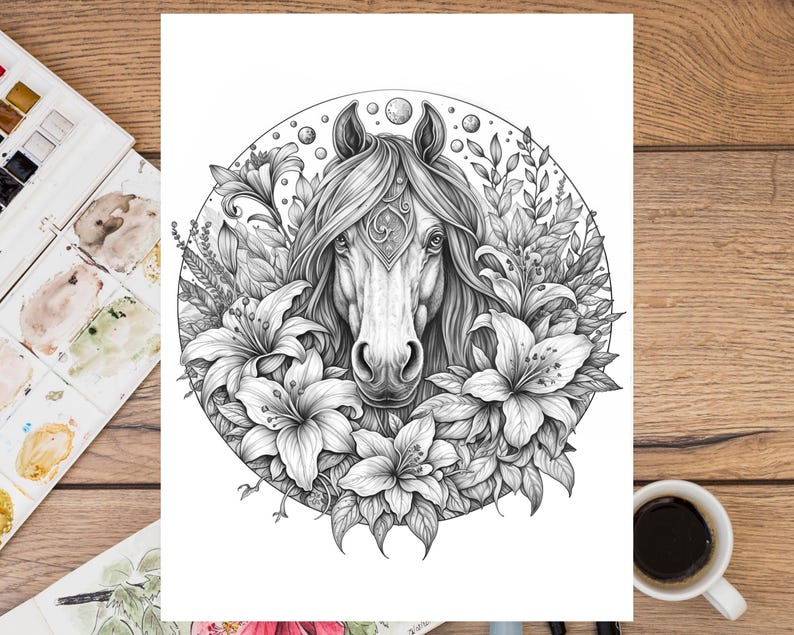 70 Floral Horse Coloring Book, Grayscale Coloring, Coloring Sheets, Horse Coloring Book, Flowers Coloring Pages, Stress Relief Coloring image 7