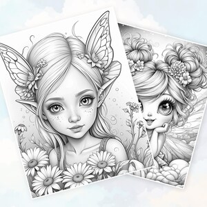 May include: Two black and white illustrations of fairies with wings. The fairy on the left has a butterfly wing and is surrounded by flowers. The fairy on the right has a more traditional fairy wing and is sitting on a cloud.