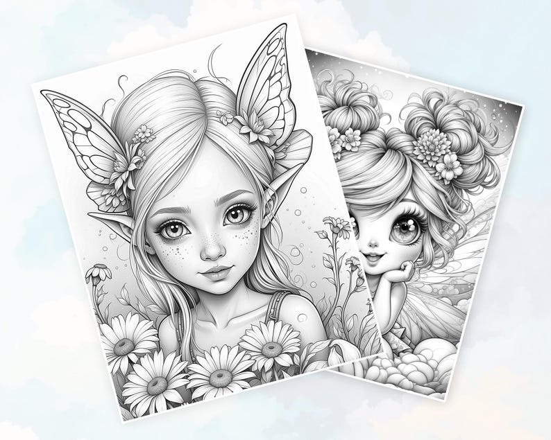 May include: Two black and white illustrations of fairies with wings. The fairy on the left has a butterfly wing and is surrounded by flowers. The fairy on the right has a more traditional fairy wing and is sitting on a cloud.